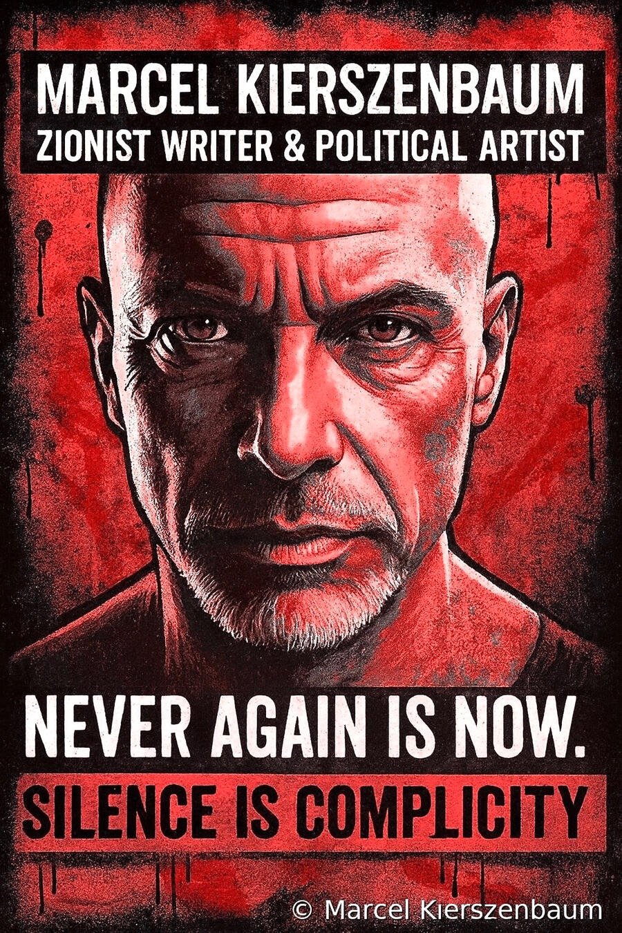Street-art inspired digital portrait of Marcel Kierszenbaum with the slogan: Never Again Is Now – Silence Is Complicity.