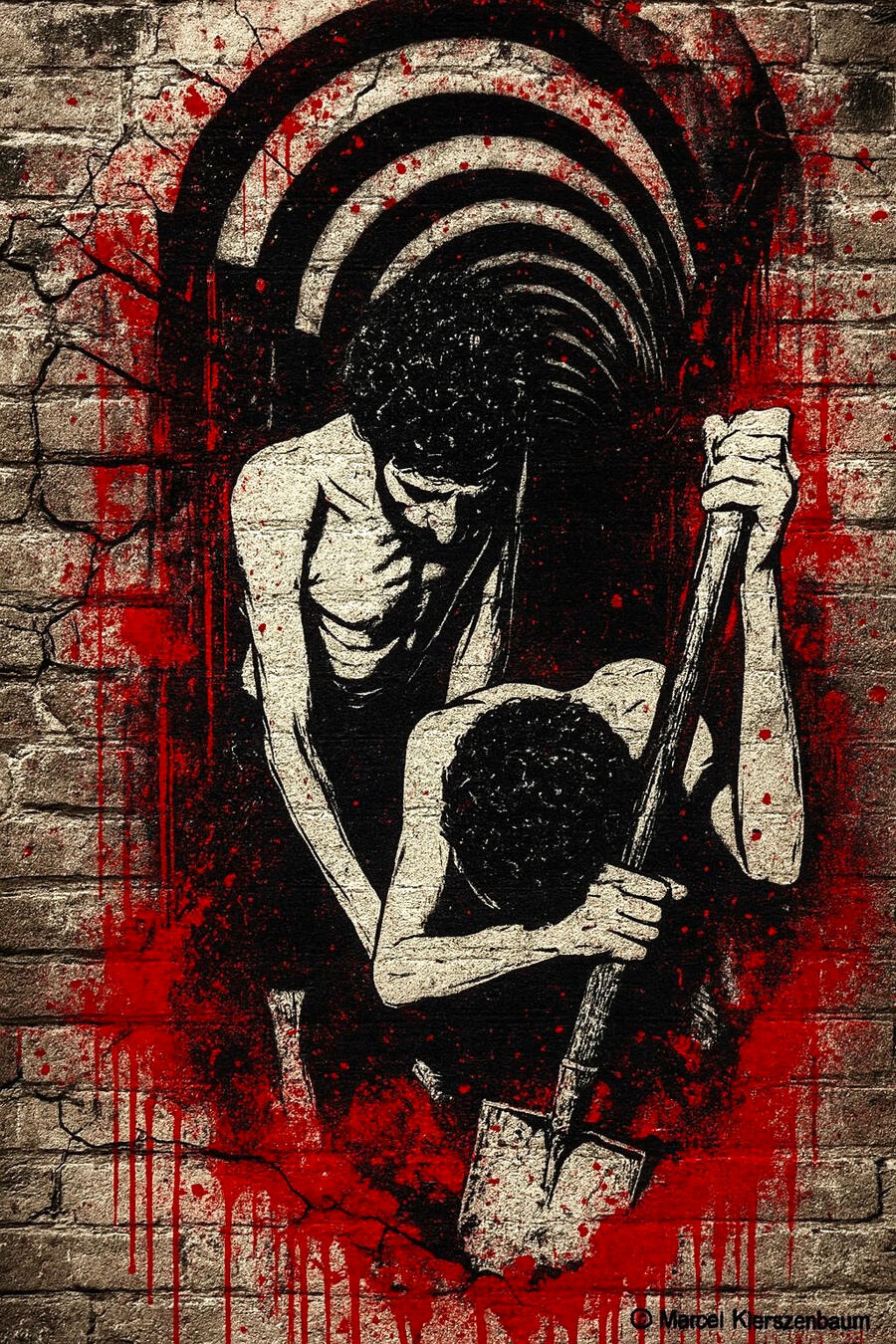 Street-art inspired digital portrait of Marcel Kierszenbaum with the slogan: Never Again Is Now – Silence Is Complicity.