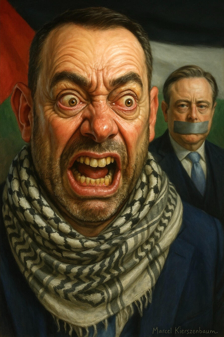 Street-art inspired digital portrait of Marcel Kierszenbaum with the slogan: Never Again Is Now – Silence Is Complicity.