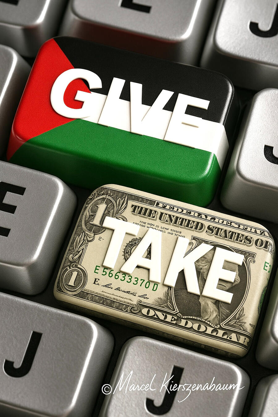 Street-art inspired digital portrait of Marcel Kierszenbaum with the slogan: Never Again Is Now – Silence Is Complicity.