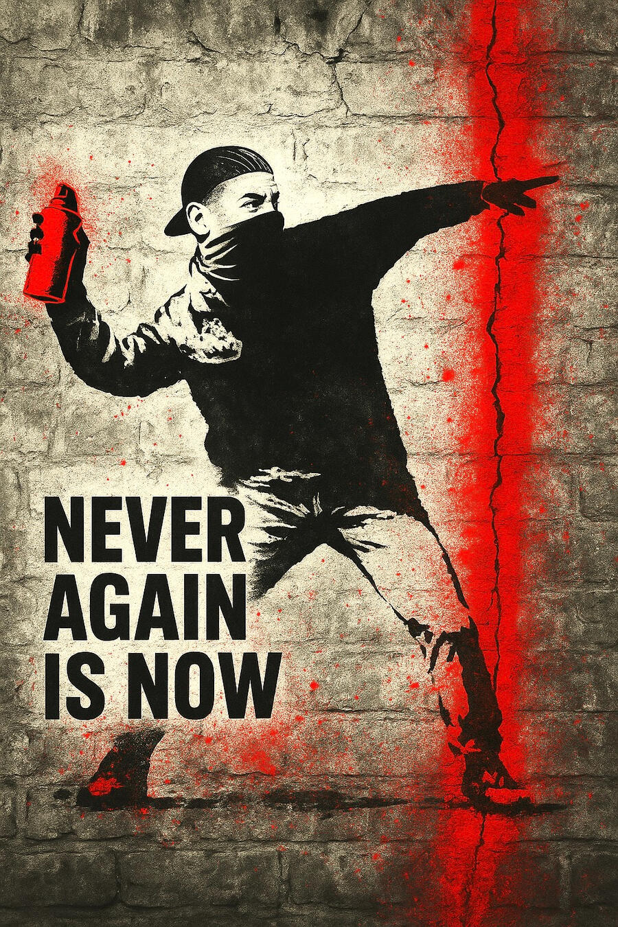Street-art inspired digital portrait of Marcel Kierszenbaum with the slogan: Never Again Is Now – Silence Is Complicity.
