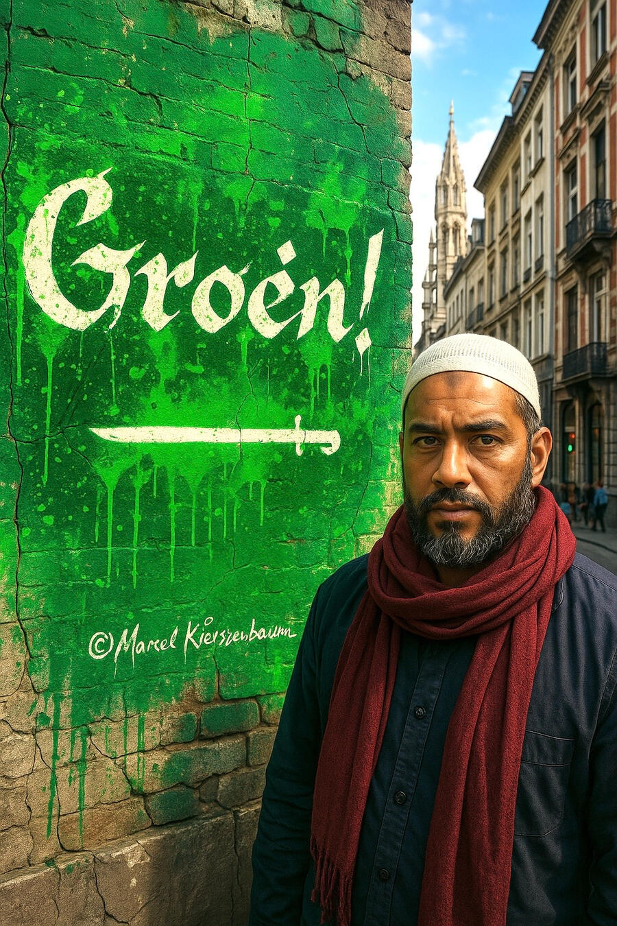 Street-art inspired digital portrait of Marcel Kierszenbaum with the slogan: Never Again Is Now – Silence Is Complicity.