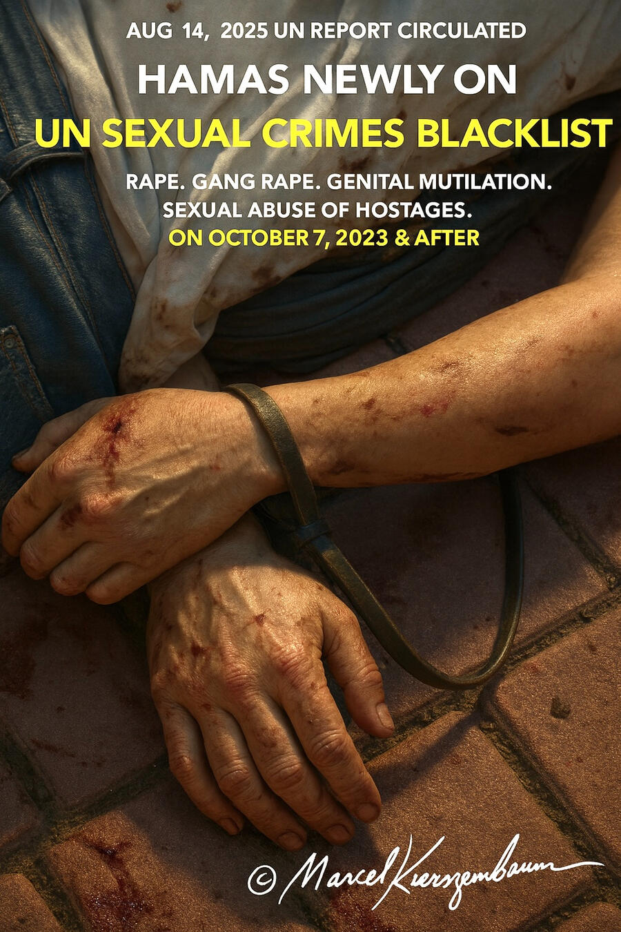 Street-art inspired digital portrait of Marcel Kierszenbaum with the slogan: Never Again Is Now – Silence Is Complicity.